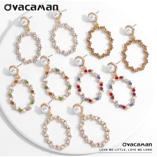 Dvacaman Fashion Glass Stones Pearls Geometric Oval Drop earrings for Women Shiny Crystal Rhinestone Statement Earrings Jewelry