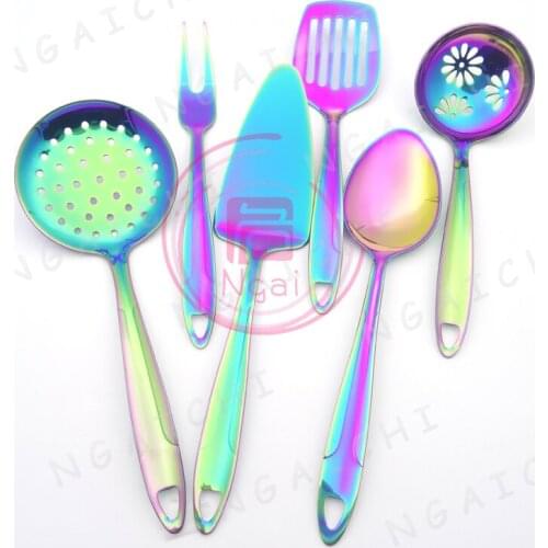 Stainless Steel Cutlery Set Rainbow Filter Scoop Long Spatula Big Fork Oversize Cake Knife Kitchenware Cooking Tools 6pcs/set