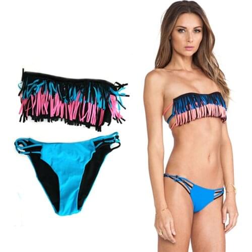 2020 bikini set most popular black sexy woman low waist swimsuit fringed stripes bandage beach bikini suit tassel bikini