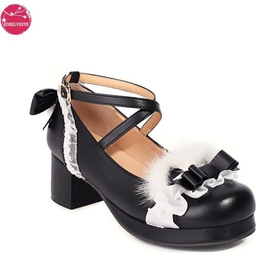 Spring Autumn Lolita Shoes for Women Chunky Heels Pink Black White Cute Faux Fur Bowtie Ladies Pumps Lace Hem Cross Strap