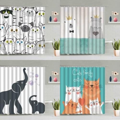 Cartoon Animals Shower Curtain Funny Cute Cat Dog Elephant Bear Childrens Bedroom Decoration Bathroom Screen Washable With Hook