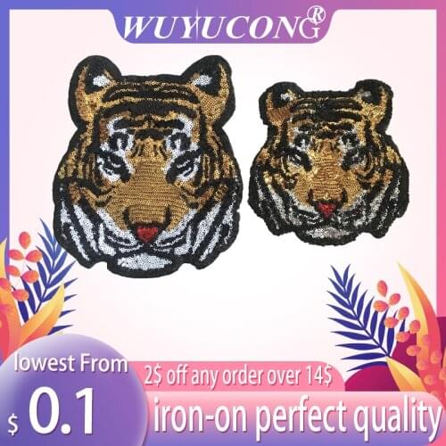 WUYUCONG 1 Set(1 Large + 1 Small) Gold Tiger Sequined Iron on Patches for Clothes Jacket Sequins Animals Appliques Sewing DIY