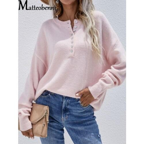 Women Pullover Knitted Sexy Long-Sleeved V-Neck Buttons Women Tops Solid Color 2021 Spring Autumn Casual Sweaters Pullover Blusa