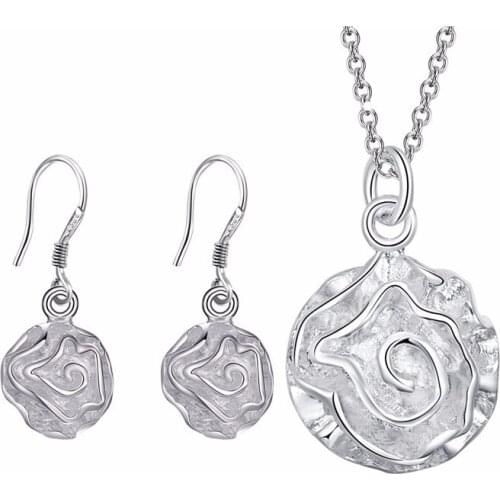 WHOLESALE Promotion of Fashion Silver color Jewelry sets Necklace Earrings Flower Rose 18 inch Women Factory Direct Sales