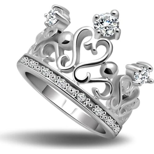 Christmas Lady Hot Princess Crown Ring Wedding Jewelry Cute Woman Sparkling Crystal 925 Solid Silver Ring Tiara Rings For Women