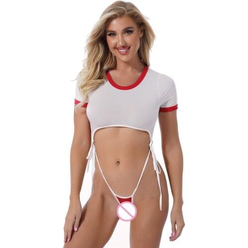 Women Red Underwear See-through Bodysuit Round Neck Short Sleeve Lace-up O Ring Connected Leotard Schoolgirls Role Play Costumes