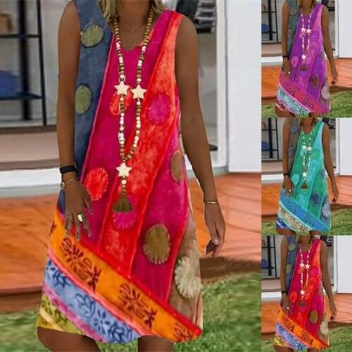 WomenS Dress Summer Beach Hot Style Special Printing V-Neck Sleeveless Loose Dress New All-Match New платье летнее 50