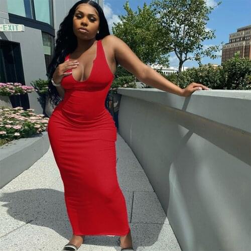 Women Sexy Sleeveless U-neck Dress Summer Fashion Solid Color Slim Long Dresses for Ladies Female Clothes Nightchub Wear