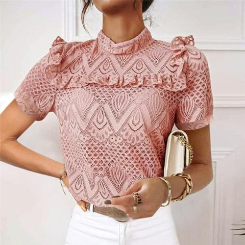 Women Sexy Lace Patchwork Hollow Blouse Shirts Short Sleeve Turtleneck Ruffles Tops Summer Fashion Elegant Office Casual Shirts