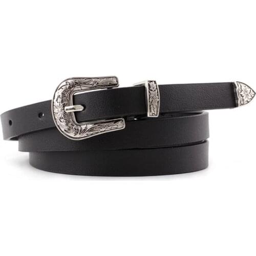 1.4cm width luxury belts for women Vintage style carved silver pin buckle