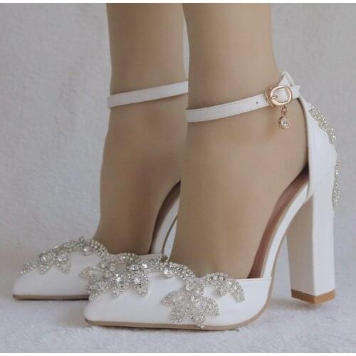 2021 summer thick heel high heel pointed toe large size single shoes rhinestone wedding sandals female white bridal dress shoes