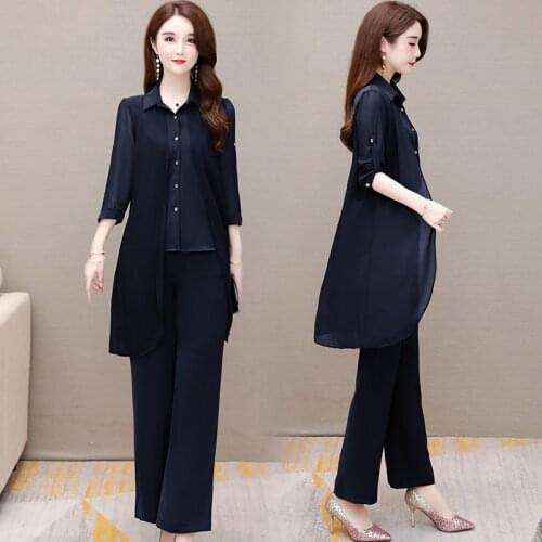 2021 Elegant Women Casual Loose Plaid Outfit Two Pieces Set Half Sleeve Chiffon Blouse Tops Long Pants Office Lady Sets M-4XL