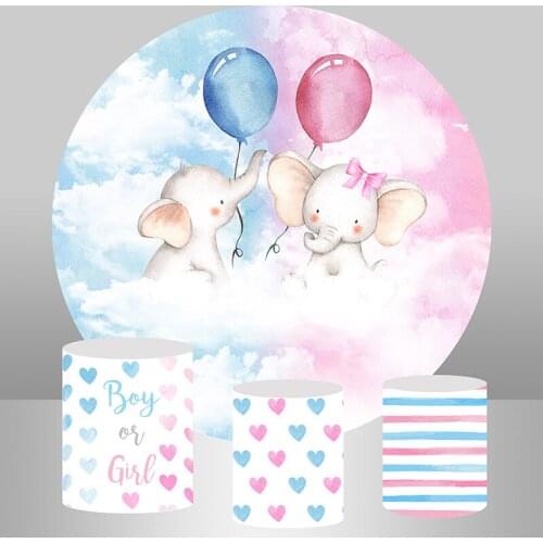 Custom Gender Reveal Party Background for Baby Shower Kids 1st Birthday Round Backdrop Cover Watercolor Elephant Cake Banner