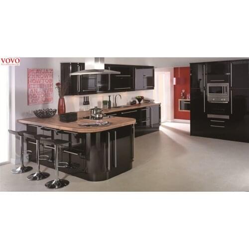 High gloss black lacquer kitchen cabinet with curvy island