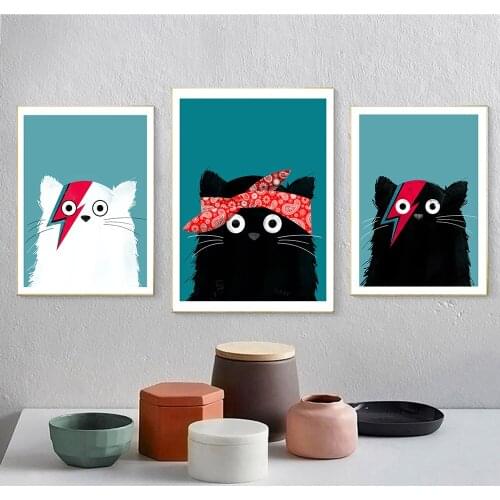 Cartoon Animal Wall Art Posters And Prints Canvas Painting Cat Bowie And Tupac Wall Pictures For Living Room Decor Home Decor