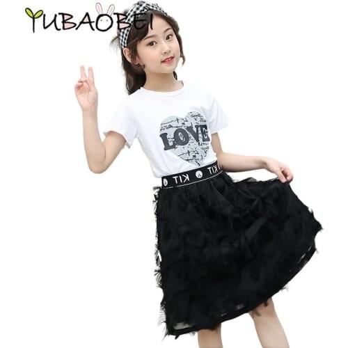 Summer Girls Set Kids Clothing Sets Teen Girls 2 Pcs Clothes Suit 6 8 10 12 Years White Heart Print T-Shirt + Skirts