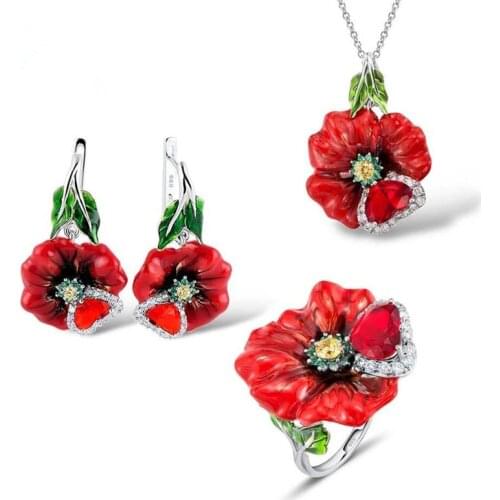 Jewelry set European and America exaggerated rose red stone love heart ring earrings zircon pendant necklace set jewelry