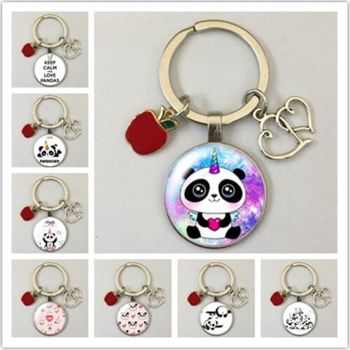 Lovely cute panda round glass glass cabochon silver plated keychain jewelry gift