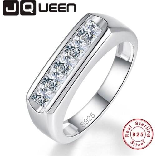 JQUEEN 100% S925 Sterling Silver Ring 3*3mm Square White Zircon Mens Ring Men Fine Jewelry Best Gift For Husband with Box