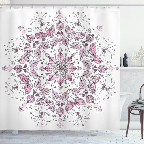 Purple Mandala Shower Curtain Set Lacy Pastel Floral Butterfly Curtain for Bathroom Decor 12 Hooks Decorative Bath Accessory