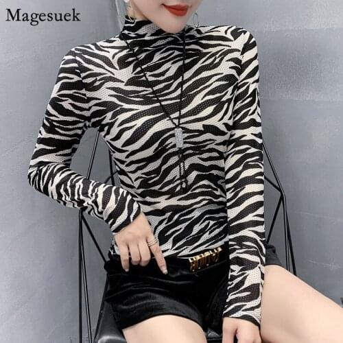 New Fashion Long Sleeve Shirt Women Cool Streetwear Casual Turtleneck Women Blouse Zebra Stripe Slim Women Shirts Blouses 11369