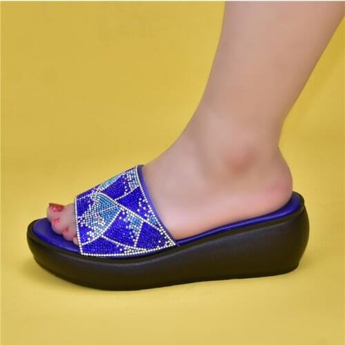 Latest Women Pumps with Rhinestone Platform Wedges Womens Shoes Thick Heel Open Peep Toe Sandals Leather Summer Style Slide