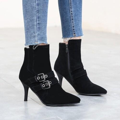 Solid Black gray belt buckle Pointed Toe Elegant Sexy Thin High Heels Womens Ankle Boots 2020 Autumn Winter Womens Boots Shoes