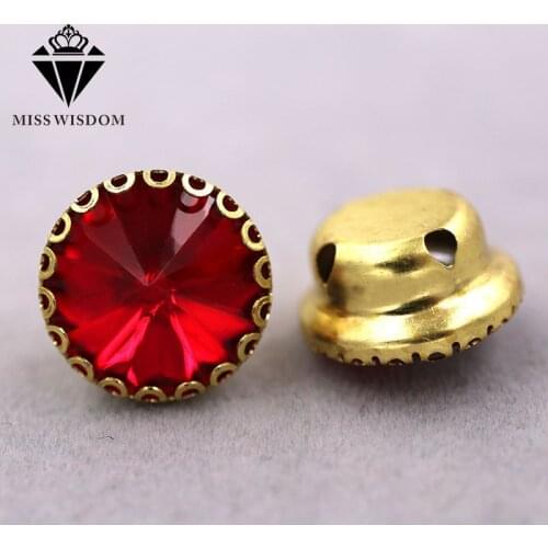 Hot selling Red Round shape glass crystal sew on rhinestones gold base lacy claw rhinestone Diy garment/clothing accessories