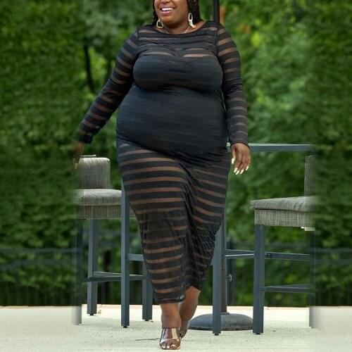 Plus Size Sexy Black Transparent Dress Full Sleeve V Neck Bodycon Ankle Length See Throught Oversized Evening Night Club Dresses