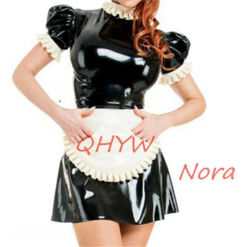 Sexy Latex Rubber Women Cosplay Maid Dress Sexy Dress Sets with Apron Back Zippers Cosplay Costume Bdsm for Women Latex