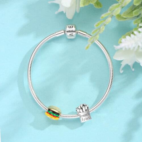 Silver Color Burgers and Fries Food Charms 925 Sterling Silver Beads for Jewelry Making Fits Original Bracelet Bangles DIY
