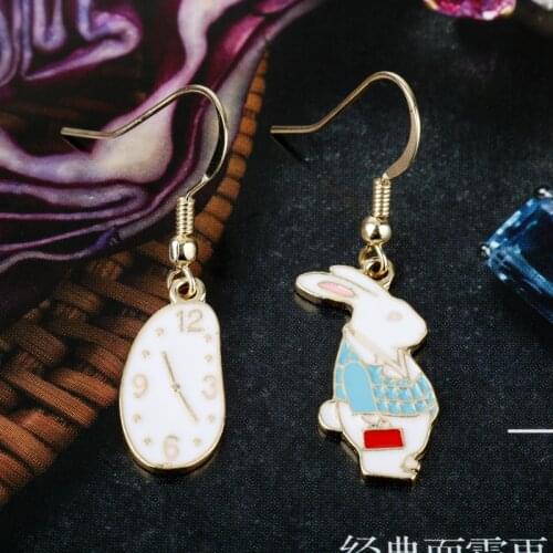Dongsheng Asymmetry Cute Fantasy Alice Wonderland Earrings Clock Rabbit Enamel Ear Stud for Women Fairy Tale Movie Mismatch