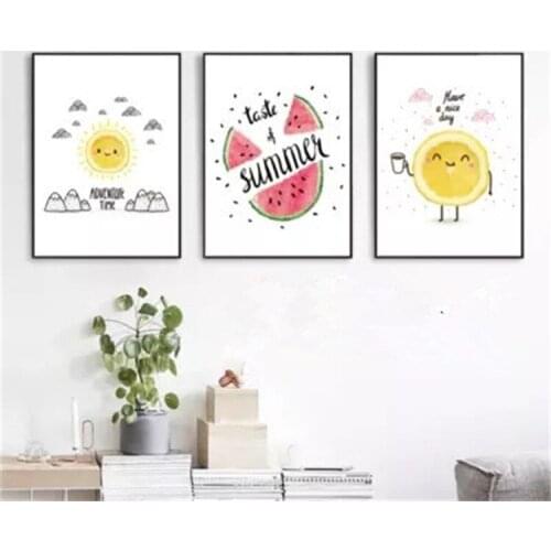Nordic Modern Simple Cartoon Letter Restaurant Canvas Painting Wall Art Kitchen Lemon Watermelon Frameless Decorative Cartoon