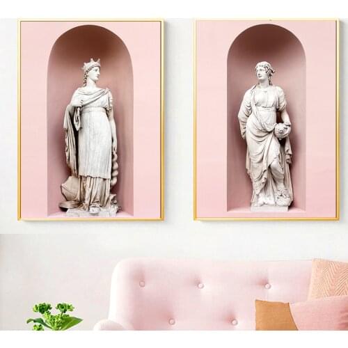 Door Marble Girl Statue Feather Nordic Posters And Prints Pink Wall Art Canvas Painting Wall Pictures For Living Room Decor