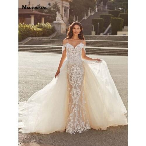 High-End Spaghetti Straps Embroidery Appliques Tulle Mermaid Wedding Dress Custom Made Sweetheart Neck Zipper 2 IN 1 Bridal Gown