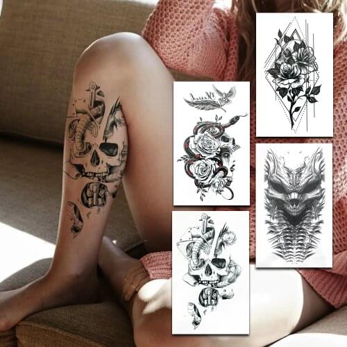 Death Skull Fake Temporary Tattoos For Women Men Black Geometric Rose Flowers Tattoo Sticker Monster Snake Skeleton Tatoo Sleeve