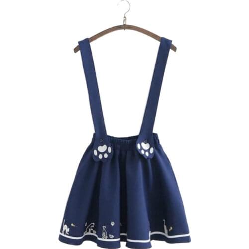 Merry Pretty New Summer Women Skirts Cartoon Cat Dog Embroidery Skirt Harajuku Kawaii Japan Style Cute Chiffon Strap Mini Skirt