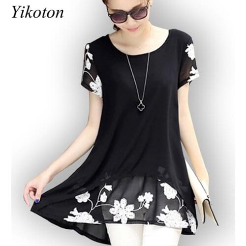 Summer Casual Shirt Women Blouse Loose Plus Size 4XL O-Neck Short Sleeve Floral Fake 2 pieces Blouses Shirts White Blusas Tops