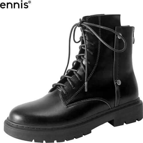 ENNIS Fashion Ankle Boots Women Martin Boots Lace Up Black Platform Shoes Autumn Winter Flat Boots Zipper Female Shoe Motorcycle