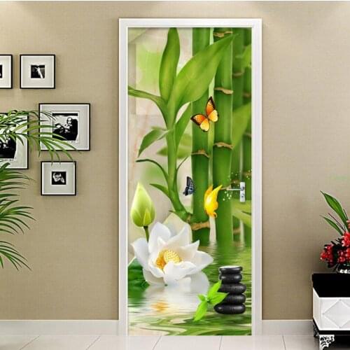 3D Sticker Chinese Style Green Bamboo Photo Wallpaper Living Room Study Kitchen Door Sticker PVC Self-Adhesive Waterproof Decor