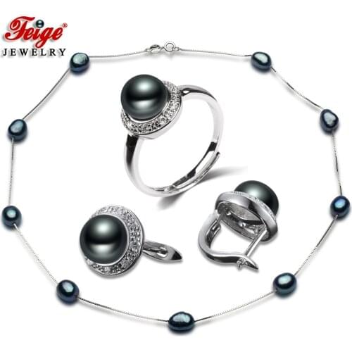 Trendy 925 Sterling Silver Chain Black Freshwater Cultured Pearl Necklace Jewelry Set for Womens Fashion Jewelry Gift FEIGE