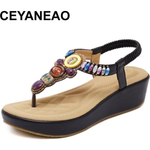 CEYANEAO 2018 Summer women shoes new fashion slope woman sandals beads Plus size Femme Soft Open Toe wedges Women Sandals