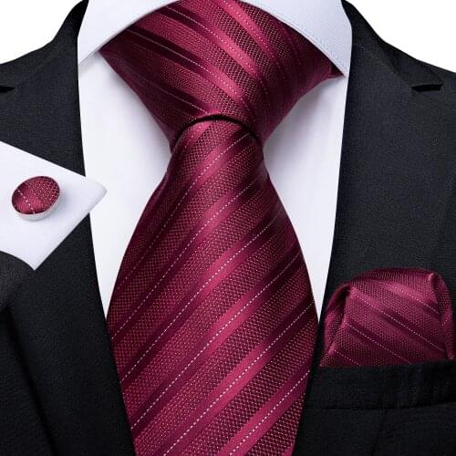 DiBanGu Mens Necktie Red Wine Striped Silk Wedding Tie For Men Tie Hanky Cufflink Set Business Party Design Dropshipping