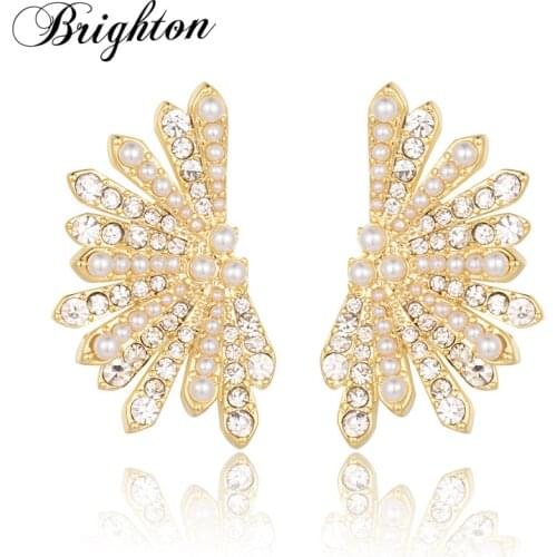 Dorado Pearl Crystals Stud Earrings For Women Half Flower Light Yellow Gold Color Exquisite Accessories Party Gifts 2021 Trendy