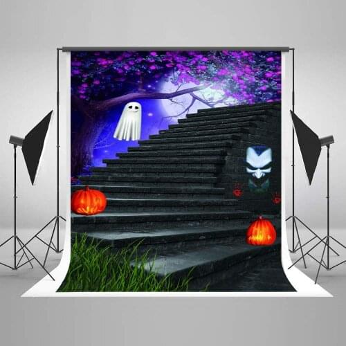 Photography Backgrounds Purple Flower Tree Brick Stairs Outdoor Halloween Photo Backdrop Orange Pumpkin Light for Photo Studio