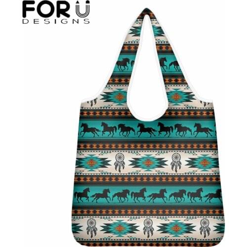FORUDESIGNS Aztec Tribe Turquoise Horses Dream Catchers Printed Women Eco Reusable Shoulder Shopper Bags Lady Foldable Pouch Bag