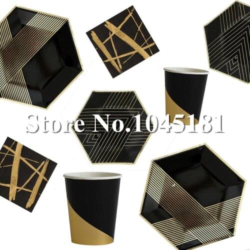 Ipalmay Black&Gold Party Dinnerware Hexagon Paper Plates Coffee Cup Cocktail Napkin Wedding Bridal Shower Bachelorette Party Set