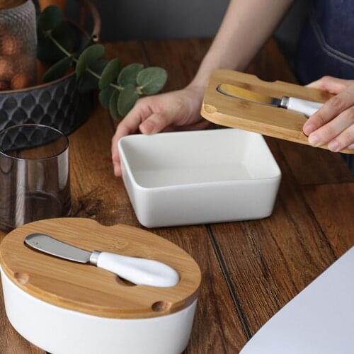 Ceramic Butter Dish with Lid and Knife Cheese Board Cover Box Kitchen Organizer Dessert Container Accessories Tableware Plate