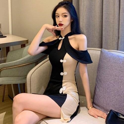 Chinese Female Patchwork Dress Elegant Slim Off Shoulder Qipao Mandarin Collar Vintage Robe Vestidos Sexy Cheongsam Dress FF2864