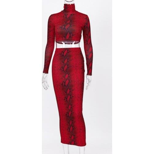 Two Piece Set long sleeve crop top sexy Top+skirt 2 Piece Outfits Matching Sets Turtleneck snake skin print long skirt